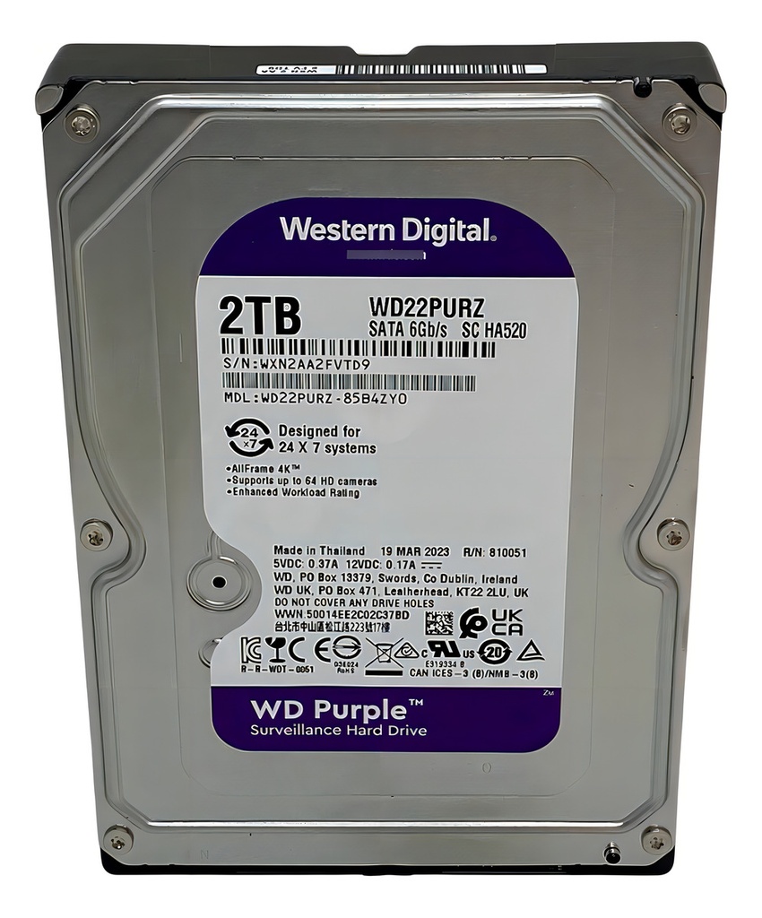 Disco Duro Hdd Western Digital Purple, 2tb, 3.5', 256mb