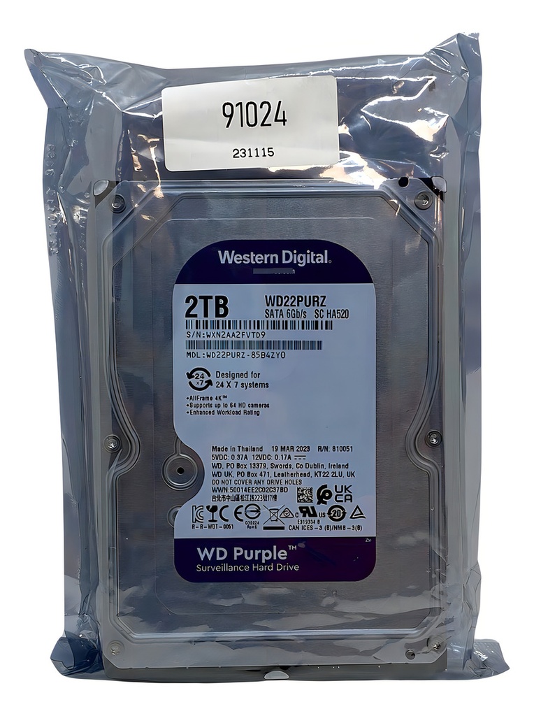 Disco Duro Hdd Western Digital Purple, 2tb, 3.5', 256mb