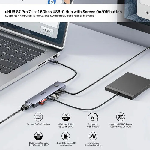 Hub USB-C 7 Puertos Con HDMI Y Carga Pd 100W