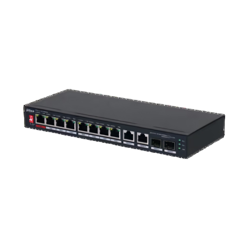 Switch No Administrable 10 Puertos 100Mbps 2 Uplinks Gigabit PoE 90W