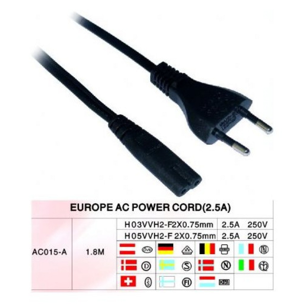 Cable De Alimentación Bipolar C7 2x0.75mm² Certificado 1.8m