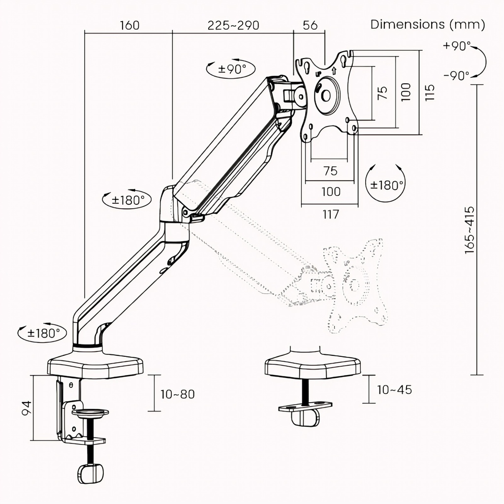 Soporte de escritorio Brateck con resorte mecanico 17"-32"