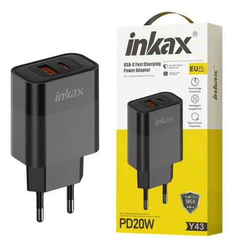 Cargador De Pared 20W 2 Puertos USB-C/USB-A Carga Rápida Qc3.0 Negro