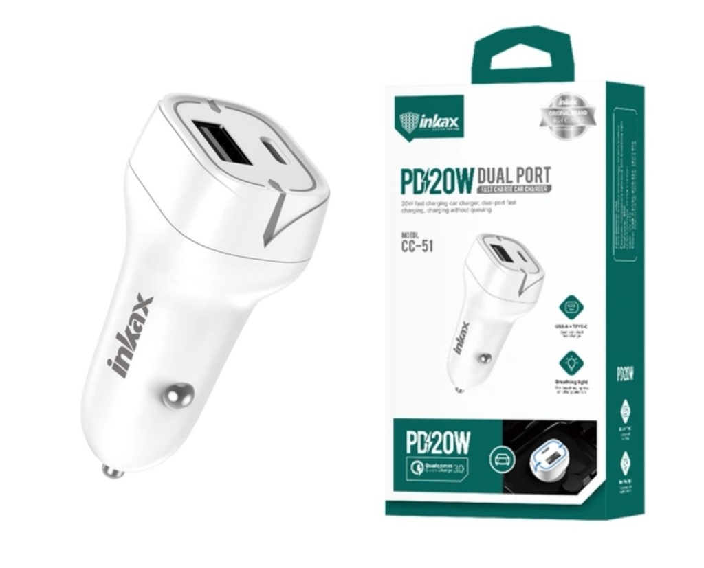 [CC-51] Cargador auto Inkax USB-A+C 3A 20W blanco