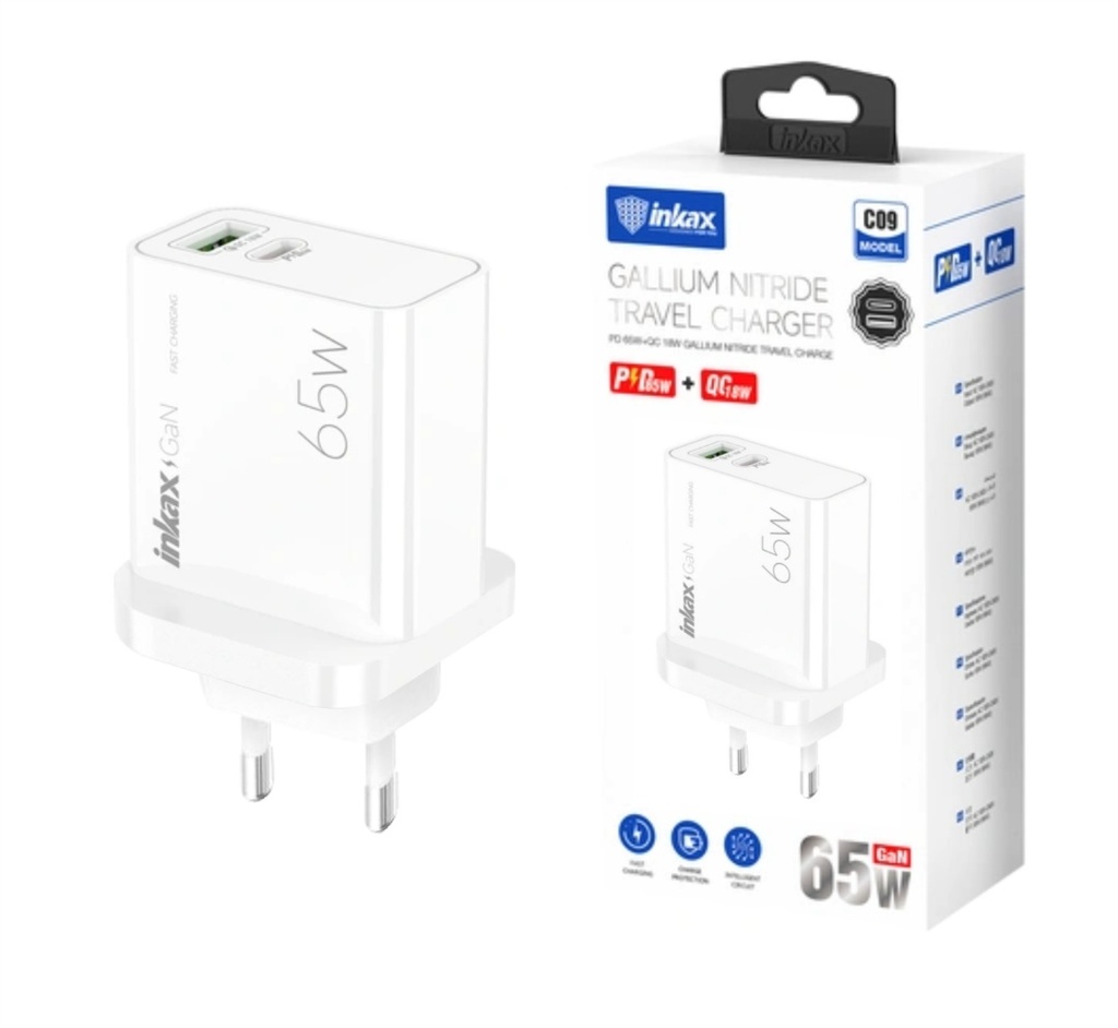 Cargador De Pared 65W 2 Puertos (1 USB-C + 1 USB-A) Gan