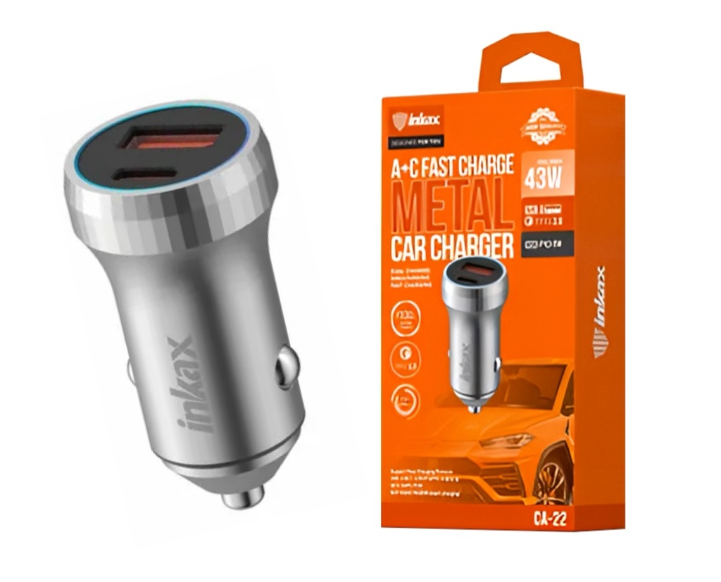 Cargador auto Inkax USB-A+C 43W azul