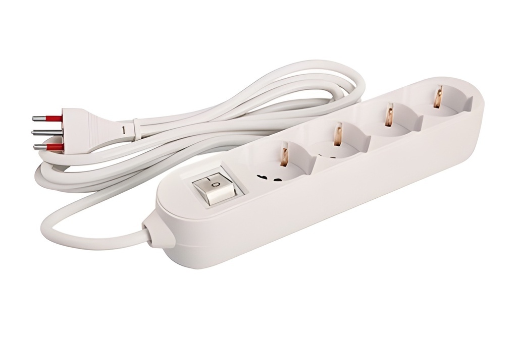 Zapatilla Eléctrica Con Tomas En 4 Taps Blanco On Off Schuko 2500W 10A 3M