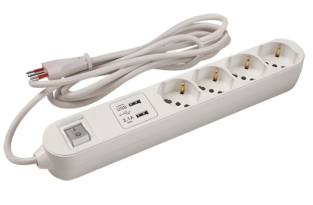 Zapatilla Eléctrica 4 Tomas Schuko 2 Puertos USB Blanco