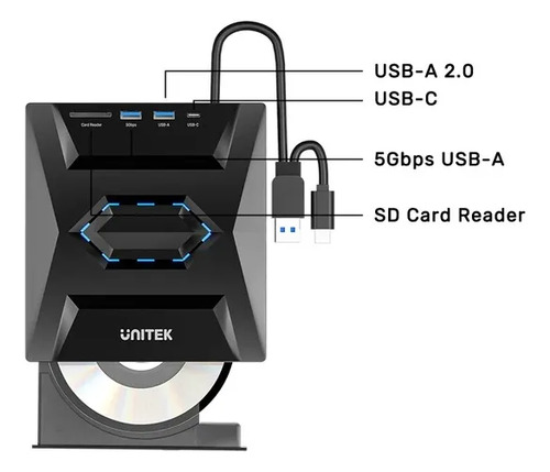 Unidad Óptica Externa Unitek Con USB 5Gbps Y Lector SD