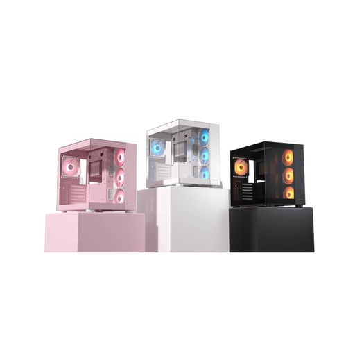 Gabinete PC Mid-Tower Atx Rosado Con Iluminación Rgb Vidrio Templado 3 Ventiladores Argb